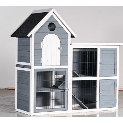 Pavillon à deux étages pour poulets et lapins d'extérieur, maison pour animaux en bois, toit incliné, plateau amovible, fil galvanisé, L 51,85 po x l 20,21 po, H 47,98 po, gris et blanc