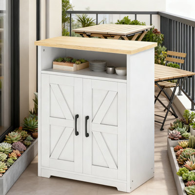 Coffee Bar Cabinet With Floating Shelf And Hooks, Farmhouse Kitchen Island Sideboard With Ample Storage For Living Room And Kitchen