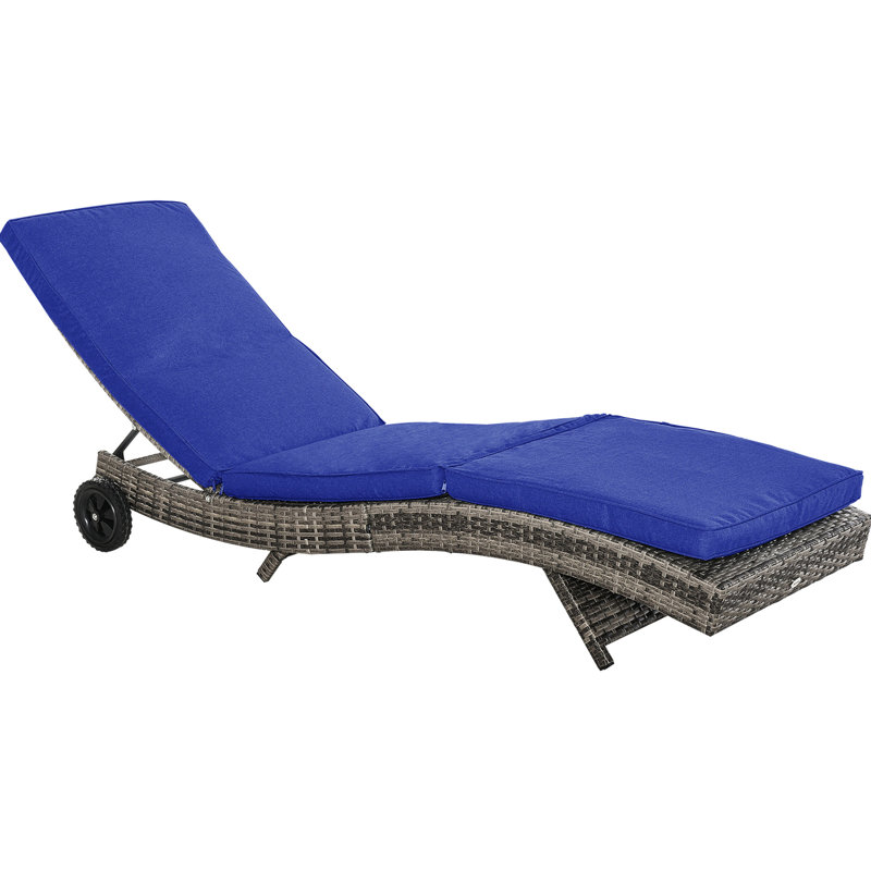 Chaise longue d'extérieur Comfy - Chaise de piscine avec coussin, chaise à 5 angles et roues réglables, coussin en PE bleu foncé, pour le mouvement