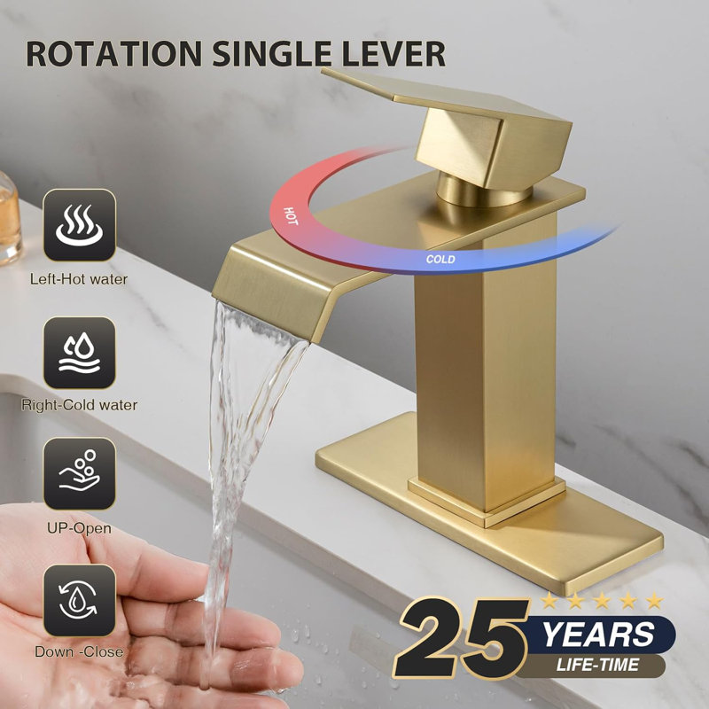 Robinet de salle de bain Waterfall - Robinet de meuble-lavabo monotrou en acier inoxydable avec drain escamotable et conduites d'alimentation