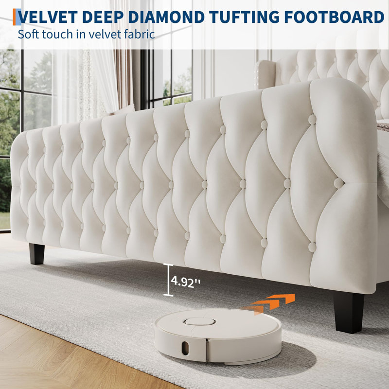 Structure de lit tapissier en velours avec tête de lit capitonnée à oreilles, Beige, Très grand