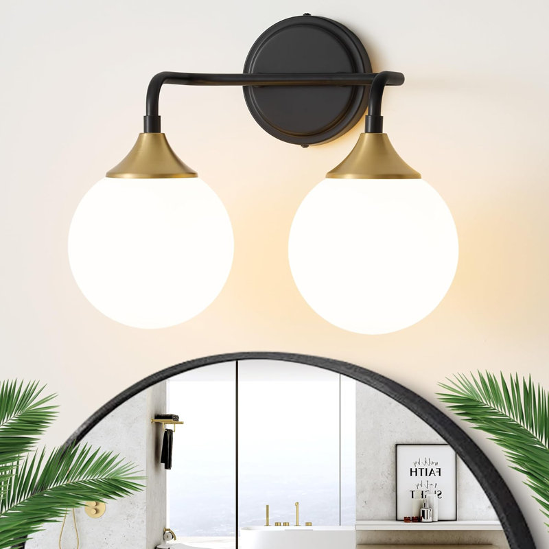 Modern Bathroom Light Fixture With Milky White Glass Shades, Mid Century Vanity Lighting Over Mirror, Wall Sconce 2-Light For Warm Ambiance