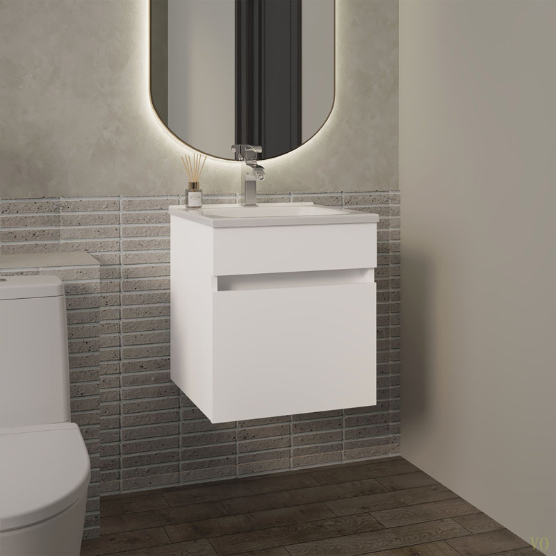 18" Wide Floating Bathroom Vanity, With One Cabinet And Two Shelves, White