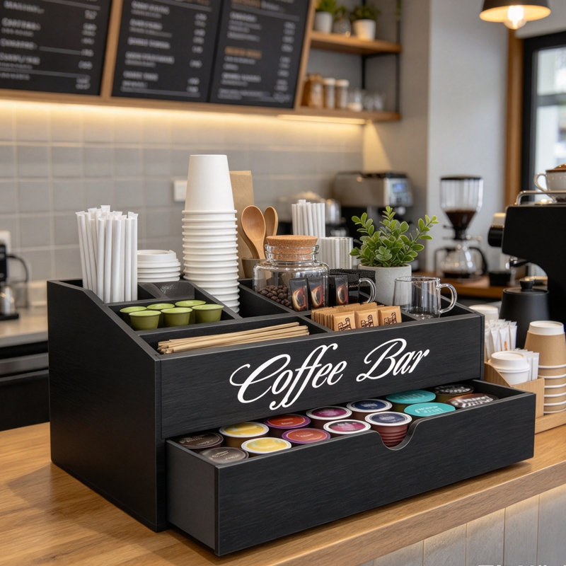 2-Tier Wooden Coffee Station Organizer with Drawer & 11 Compartments