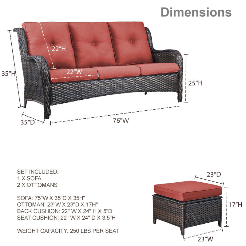 Canapé d'extérieur en osier avec coussins Carolina, Structure brune / coussin rouge