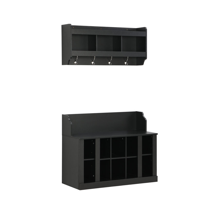 ON-TREND Shoe Storage Bench With Shelves And 4 Hooks, Black