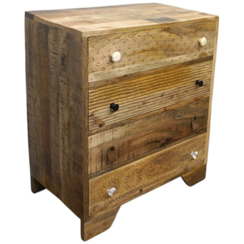 Commode 4 tiroirs en bois massif fabriqués à la main avec poignées uniques