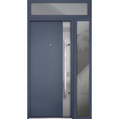 Façade avant en acier pré-suspendue / deux gris graphite 0729 / fenêtre extérieure latérale et supérieure / inserts en acier inoxydable peints simples modernes - l 36 po x H 80 po + 16 po - Gauche