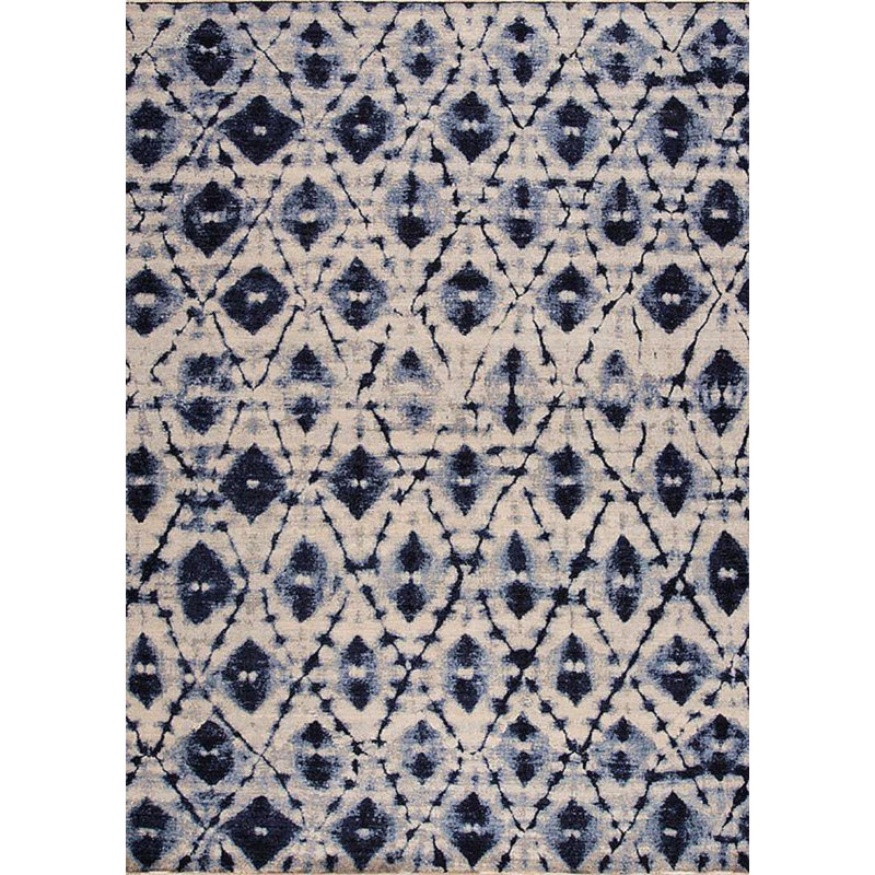 Shibori Hand Knotted Wool Area Rug in Ivory/Blue/Navy, Rectangle 10' x 14'