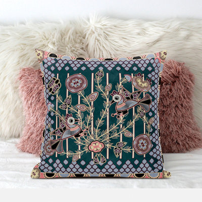 26" X 26" Peacock Blown Seam Floral Indoor Outdoor Throw Pillow
