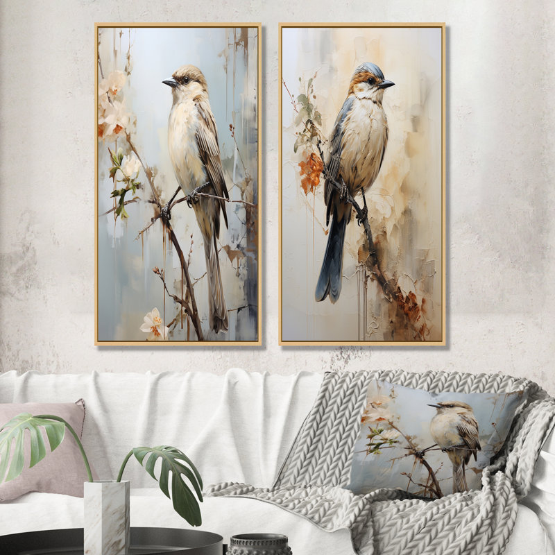 Minimalisme, oiseau beige sur branche - ensemble de 2 impressions sur toile d'oiseaux, Encadrement brun, H 28 po x l 25 po