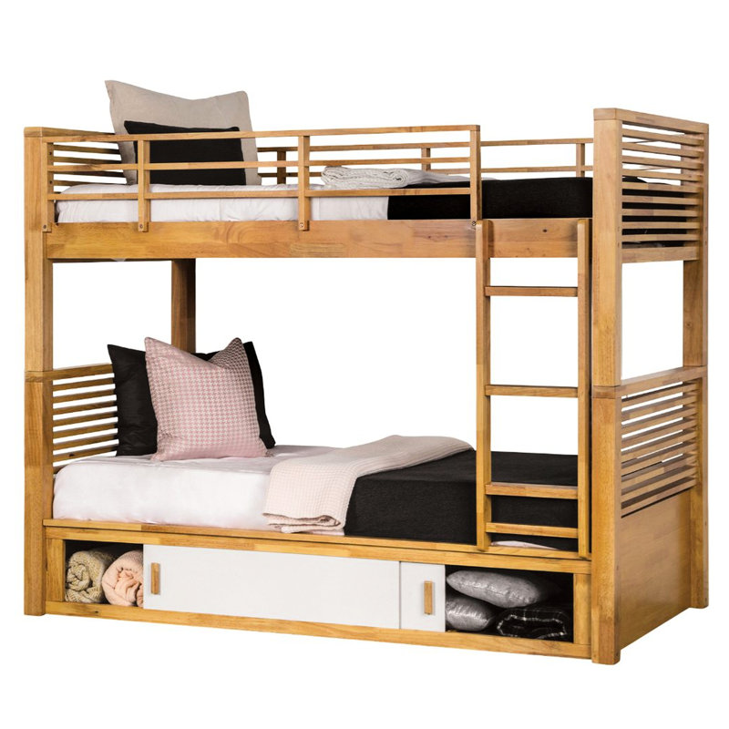 Lit superposé simple au-dessus de transition au fini chêne, unité de rangement sous le lit avec porte coulissante et rangement commun, caractéristique convertible
