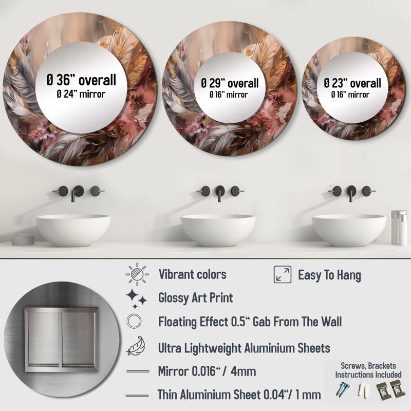 Qadry or plume Wanderlust VI - miroir mural décoratif plume Glam, miroir rond doré, impression d'art en métal, 23 po x 23 po