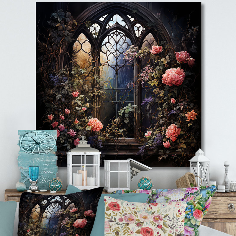 Floral floral gothique d'églises de fenêtre II - Art mural de fenêtre pour le salon, H 36 po x l 36 po x P 1,5 po
