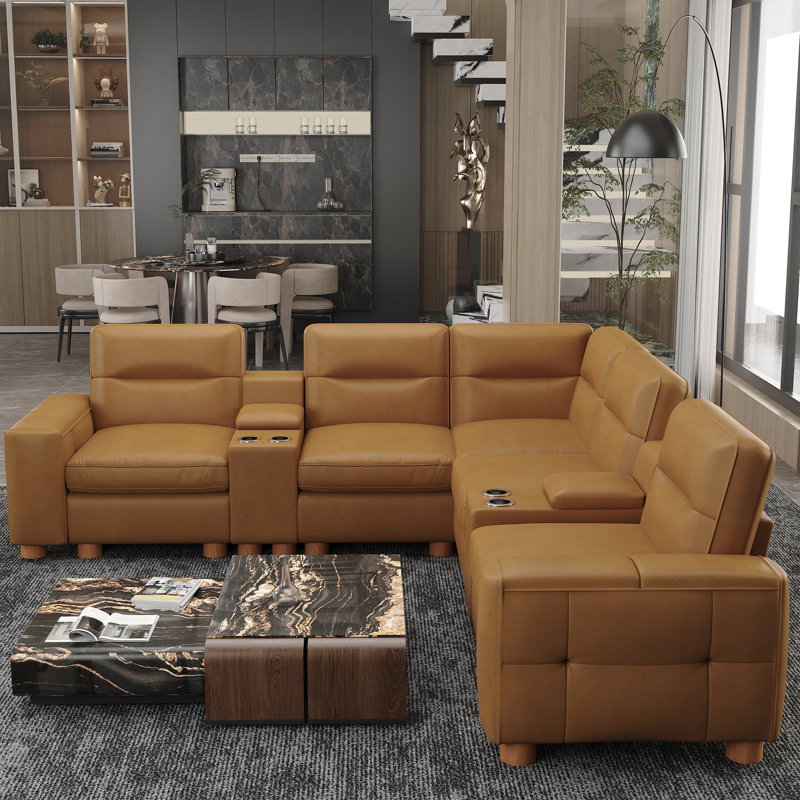 Modern Oversize 119" L-shaped Symmetry Genuine Leather Sofa With Solid Legs、 Storage End Tableand And Removable Square Armrests