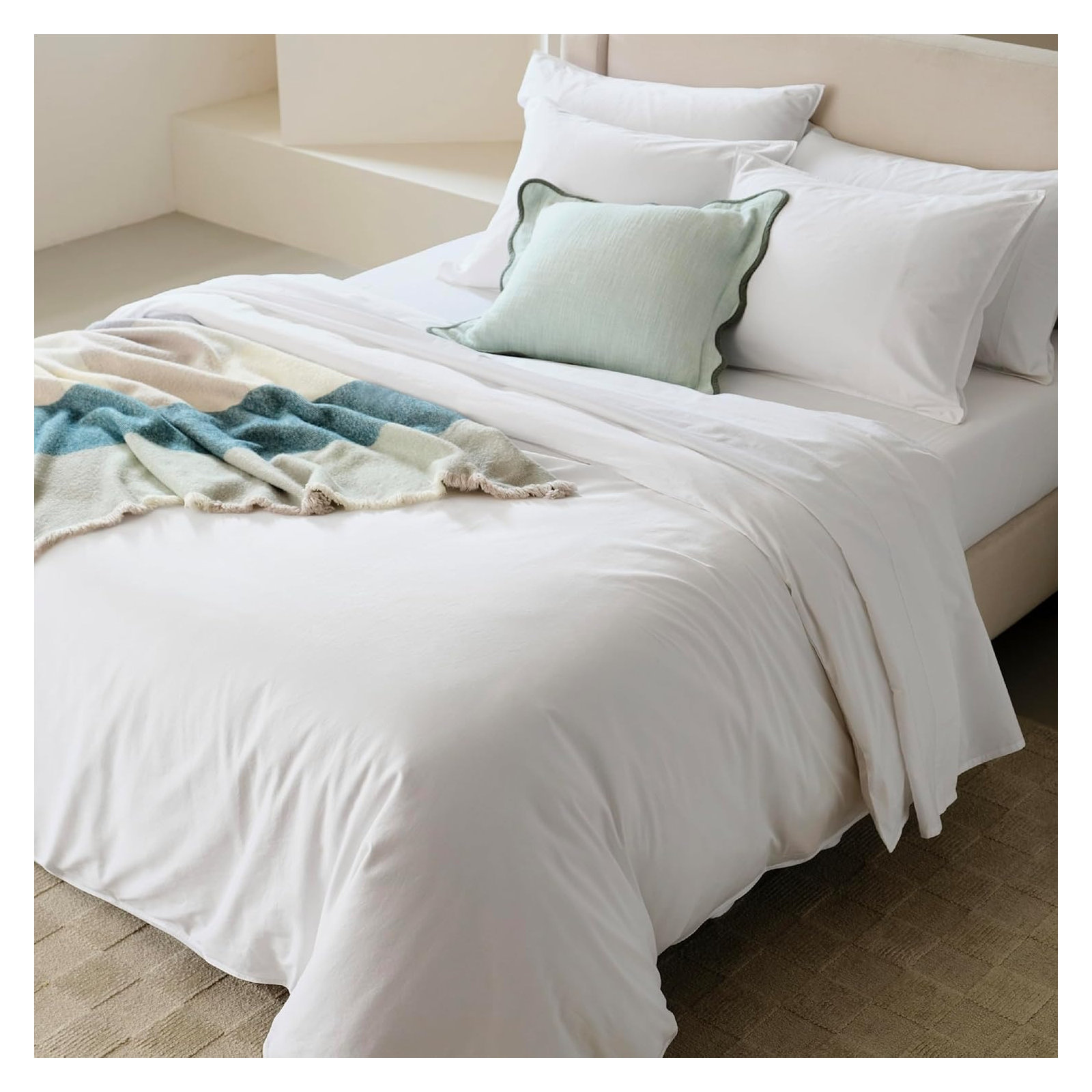 Double Stitch Cotton Solid Duvet Cover, Queen Duvet Cover + 2 Pillow Shams, Pure White