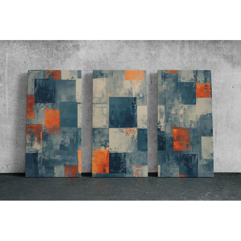 «Triptych», art mural sur toile, art abstrait géométrique moderne, peinture texturée orange et bleu pour la décoration intérieure, reproduction de peinture