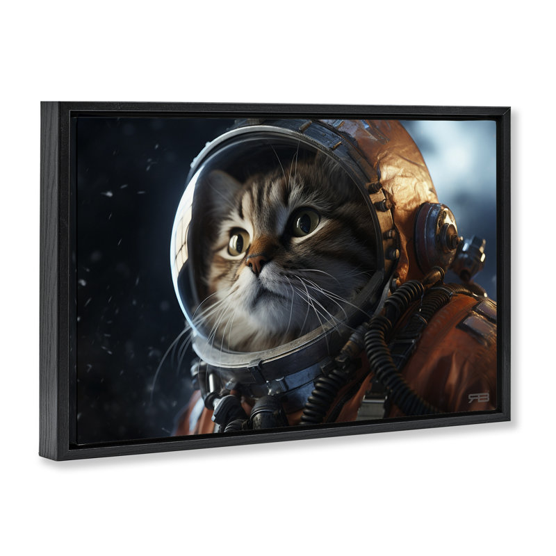 «Astronaut Cat in Space» par Roozbeh Bahramali, H 17 po x l 25 po, Cadre flottant noir de jais
