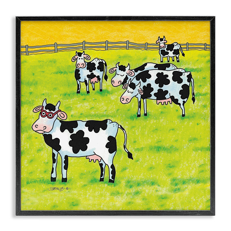 Drôle de troupeau de vaches avec spécifications, estampe numérique, conception de Roger Straub, Giclée encadrée noir minuit