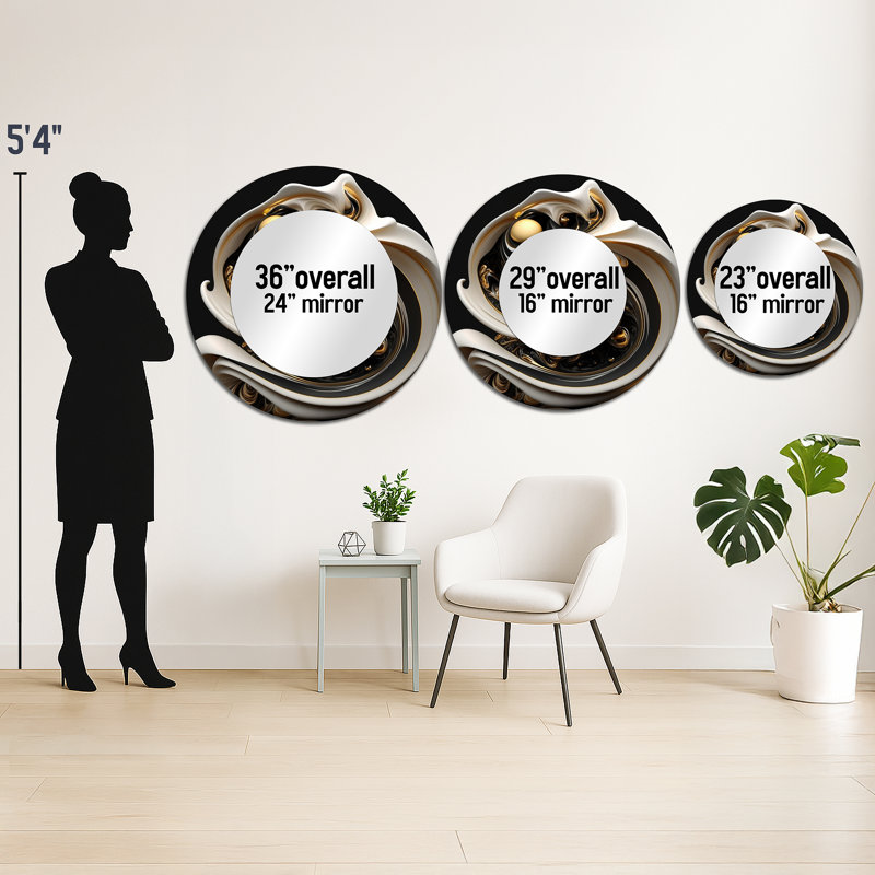 Sobaan Liquid White Stained Glass V - Abstract Spirals Large Mirror, Gold Round Decorative Wall Mirror, Printed Metal Art