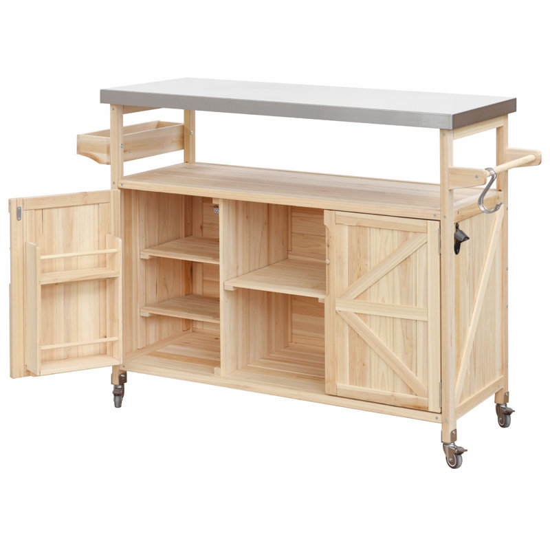 Outdoor Kitchen Island, Rolling Bar Cart & Storage Cabinet, Farmhouse Solid Wood Outdoor Grill Table with Stainless Steel Top, Spice Rack , Towel Rack for Kitchen & Barbecue, Black