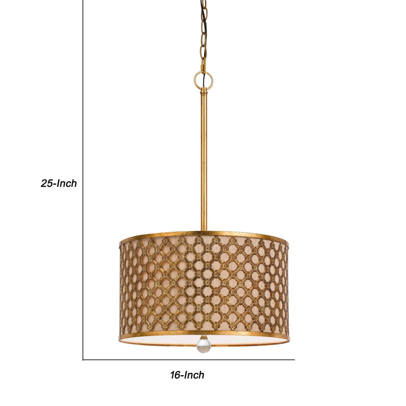 Gold Metal Drum Pendant Light with Geometric Design