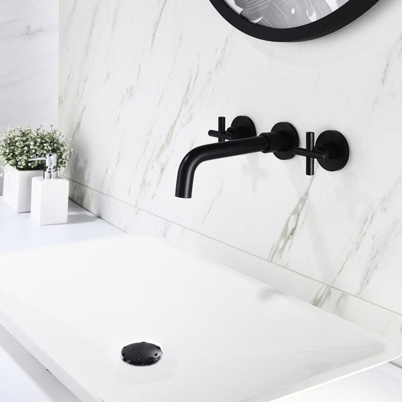 Dual Handle Wall Mounted Bathroom Sink Faucet With Pop - Up Drain  No Overflow , Brass And Stainless Steel Build, Splash Water Flow, Precise Flow Adjustment Function