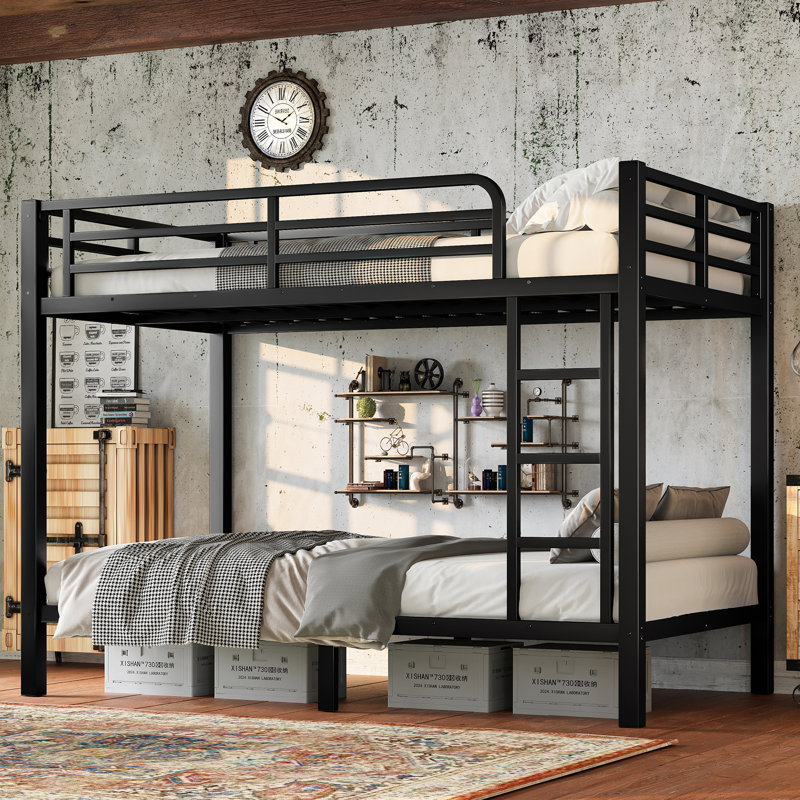 Lit superposé simple au-dessus de simple en métal pour les adolescents et les adultes, lit superposé à faible bruit avec rangement sous le lit, pas de sommier nécessaire, noir