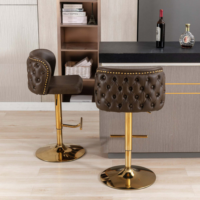 Tabouret de bar rotatif à hauteur réglable Jeneanne, Cuir brun, Doré