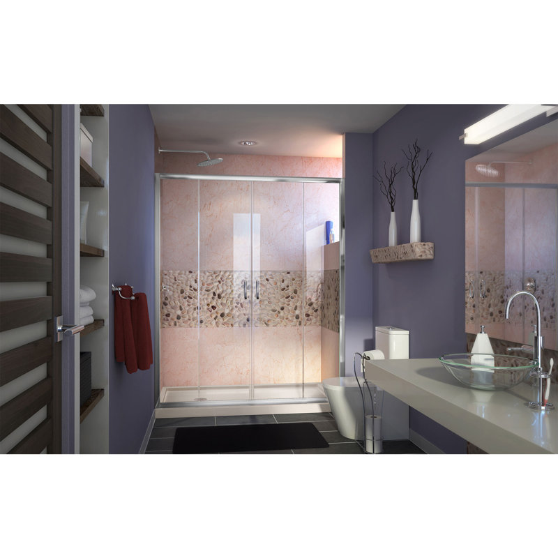 Visions 74.75" H Semi-Frameless Shower Enclosure, Left, Chrome/Biscuit