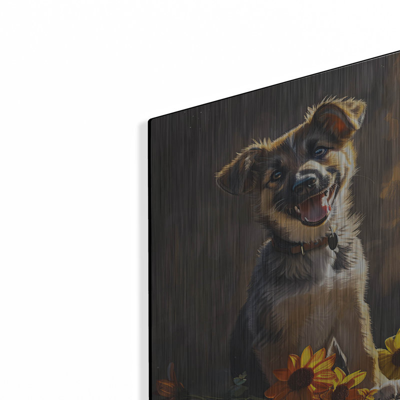Art mural en métal Winston Porter «Cute Puppy With Orange Flowers German Shepherd» par Momart, H 16 po x l 12 po