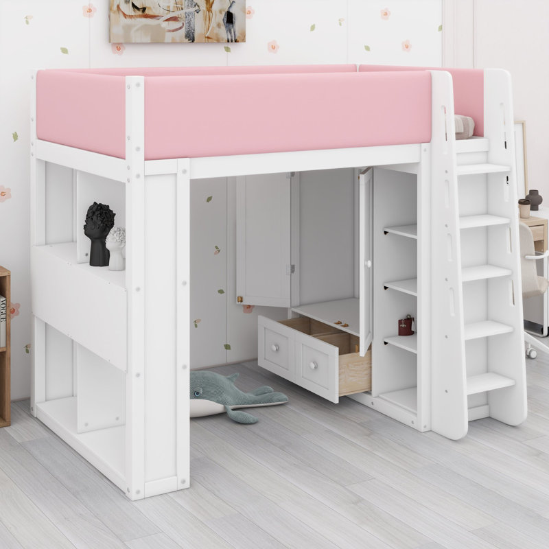 Lit mezzanine avec armoire, tiroirs et éclairage d'ambiance pour chambres peu encombrantes, Lit double, Blanc