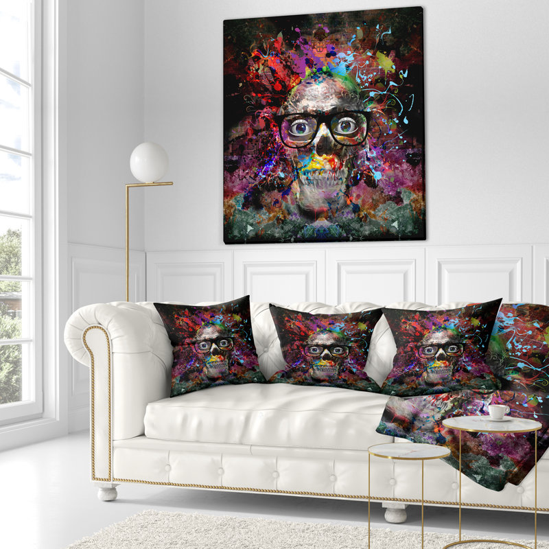 Designart 'Colourful Human Skull with Glasses' Abstract Throw Pillow, 16" x 16", Throw Pillow