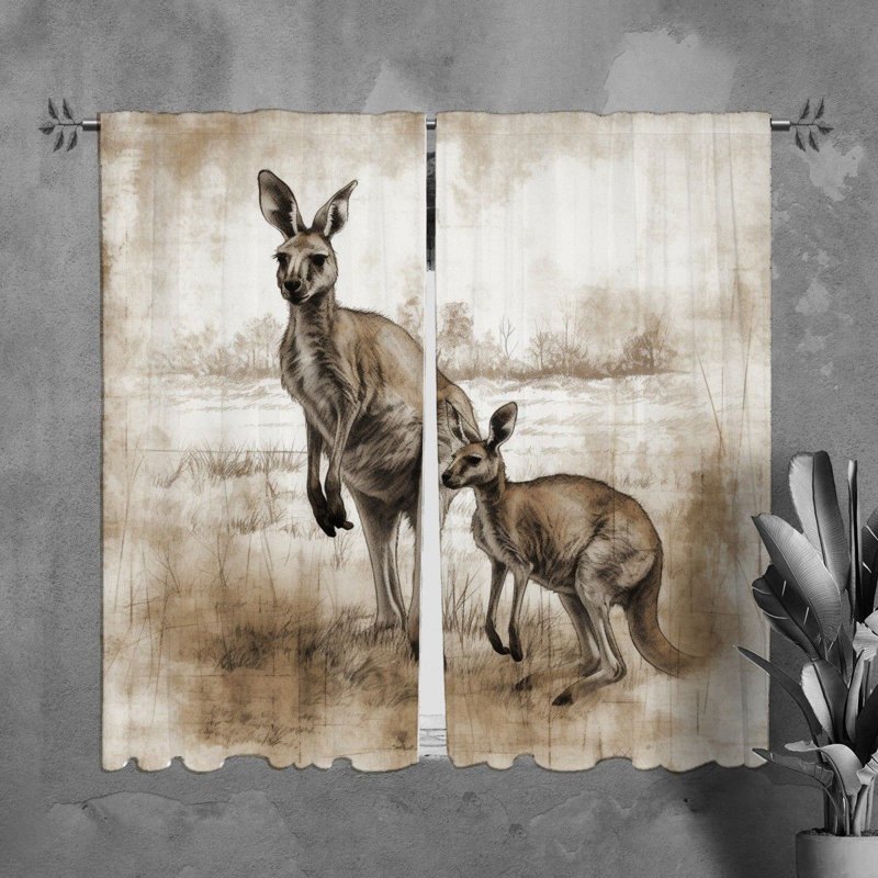 Kangaroo Window Curtains Animals Beige Drapes, H 61 po x l 40 po