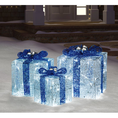 Ensemble de 3 décorations de Noël pour l’extérieur en forme de boîte à fleurs en argent et en bleu illuminés 12 po