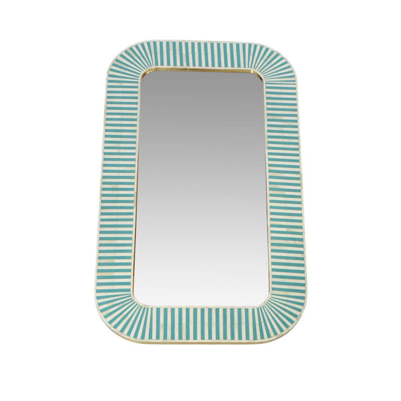 Miroir turquoise à rayures et résine, Blanc / Bleu