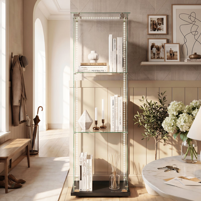 3-Tier Single Door Glass Display Cabinet with USB LED Strip,  123cm H Compact Frameless Curio Cabinet with Glass Top, Black / White