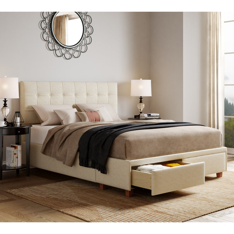 ClickDecor Langston Edmond Storage Bed with Adjustable Height Headboard, King, Cream