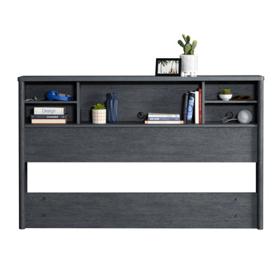 Full/Queen Bookcase Headboard, Denim+Brown Finish, Stylish Storage Headboard, Multifunctional Compartments, Compatible With Full Queen Beds, Contemporary Gray Look, Adjustable Shelves, Compact, Fast
