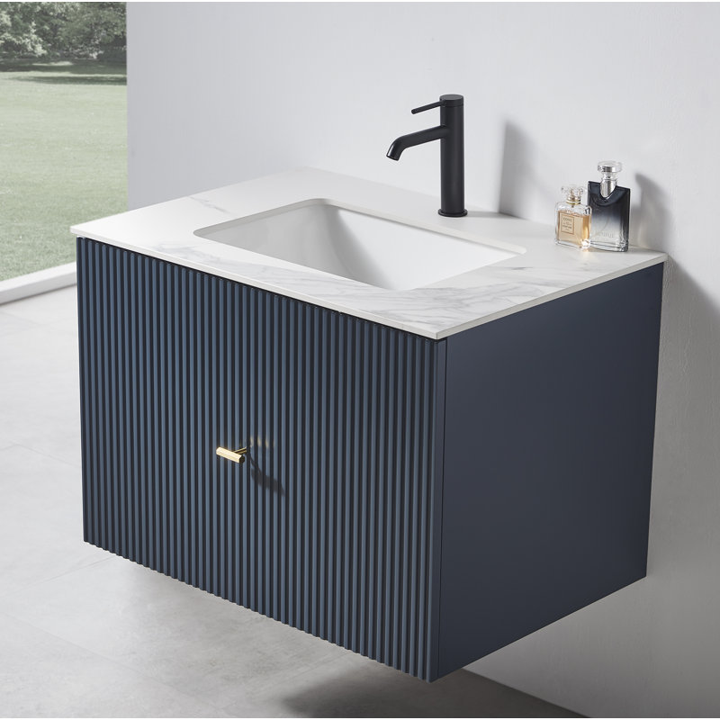 Meuble-lavabo mural moderne de 30 po Jamell, Dark Blue, Blanc