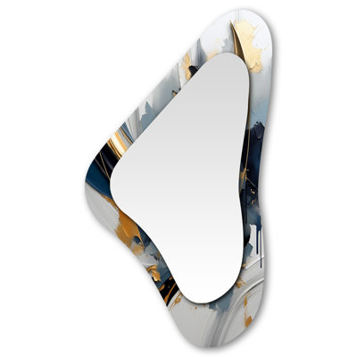 Mercedes Abstract golden blue Whirls of serenity II - Fractal Asymmetrical Mirror, Gold Irregular Shape Unique Wall Mirror, Printed Metal Art