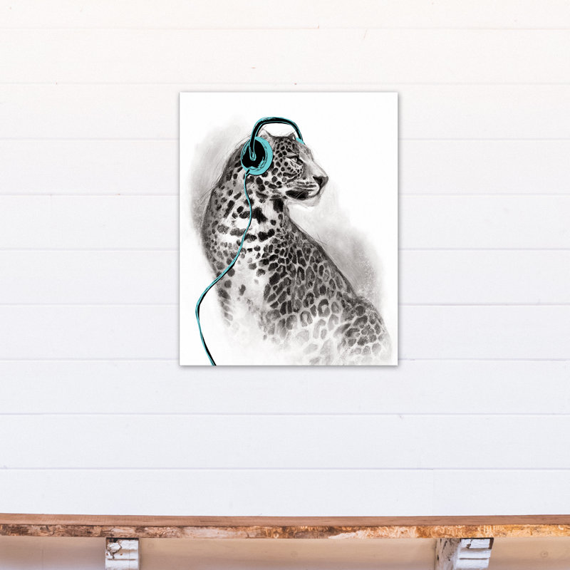 Art sur toile avec casque Leopard, H 20 po x l 16 po x P 1,25 po, Bleu sarcelle