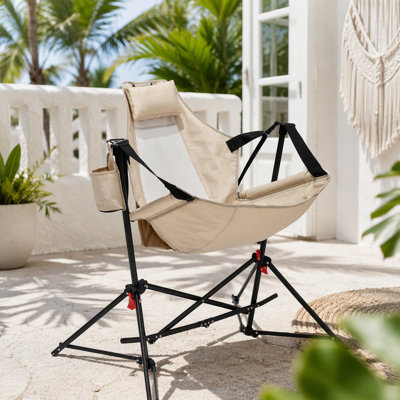 Fauteuil à bascule pliable et portatif avec dossier réglable, oreiller, porte-gobelet et sac de transport pour les voyages en plein air, le camping et l'utilisation dans le jardin.