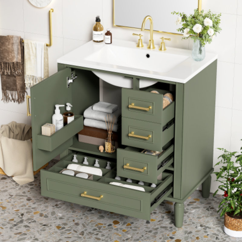 Meuble-lavabo de 30 po avec lavabo en céramique - Porte à fermeture en douceur, tiroir profond, tablette intégrée - Armoire de rangement moderne pour salle de bain