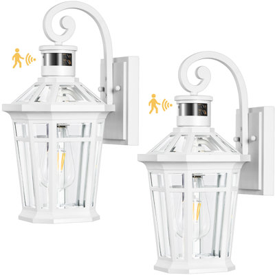 2 Pack White Motion Sensor Outdoor Wall Lantern with Adjustable Sense Range