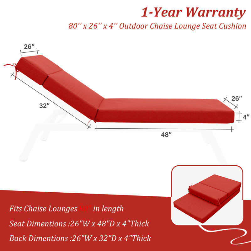 2-Piece Outdoor Chaise Lounge Chair Cushion, 80"X26"X4", Red
