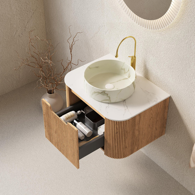 Meuble-lavabo flottant à bord arrondi pré-assemblé, Blanc pierre, 24
