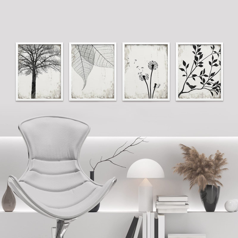 «Black and White Forest Tree Leaf Dandelion», reproduction imprimée sur papier, 4 pièces, Blanc, H 14 po x l 11 po