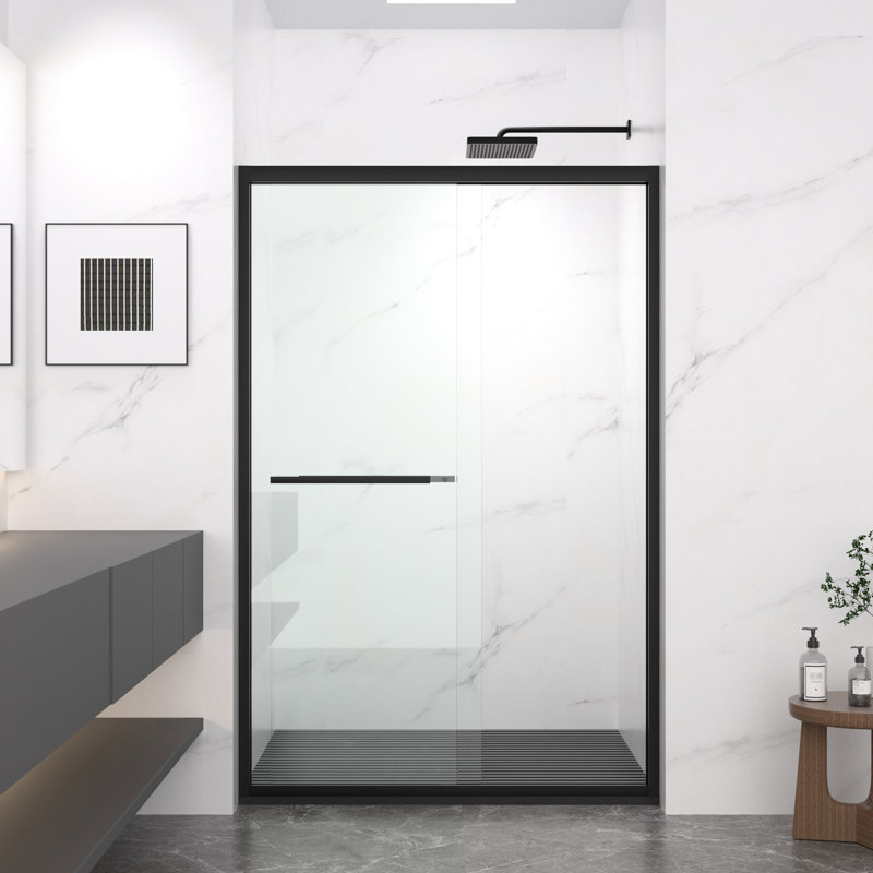 44 - 48" Wide Aluminum Frame Double Sliding Shower Enclosure With Chamfered 8mm Tempered Glass, Corrosion Handle, Handle For Towel And Sliding, Reversible Installation In Bathroom Chamfer Edged Black