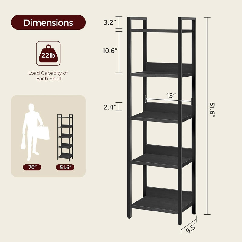 Bibliothèque sur pieds à 6 niveaux, (5 tablettes) H 51,6 po x l 13 po x P 9,5 po, Noir